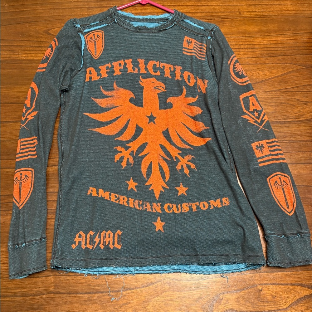 Affliction Charcoal Tee with Vibrant Orange Graphics